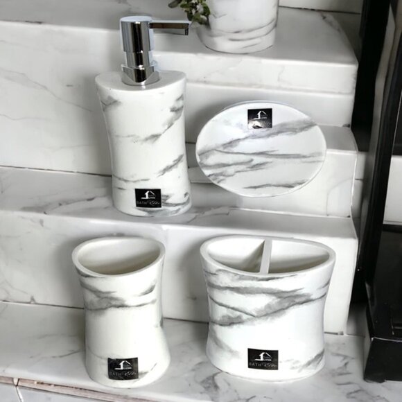 Todays Living Marble Elite Bath Accessory Set Lux White Grey Resin 4 Piece Set - Picture 9 of 15
